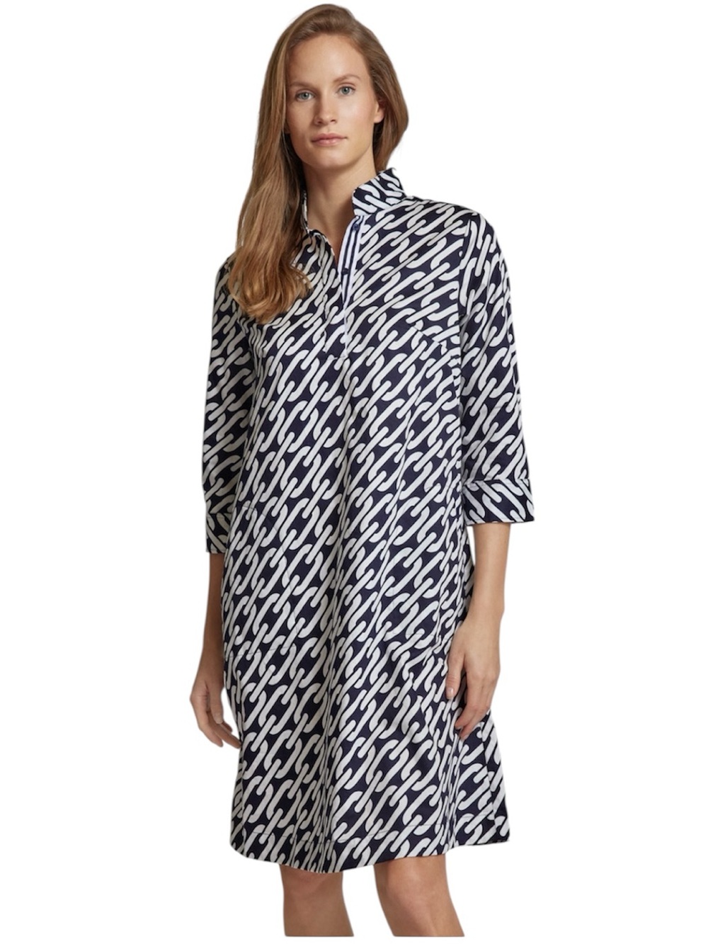 Christian Berg Women’s Navy & White Geometric Print Cotton Lagenlook Midi Dress